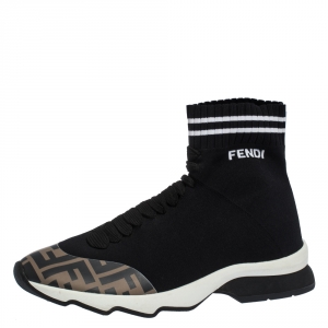 Pre Owned Fendi Black Zucca Fabric Kintted and Leather Sock Sneakers Size 37