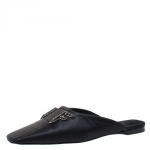 Pre Owned Fendi Black Satin Crystal Embellished FFreedom Mules Size 40