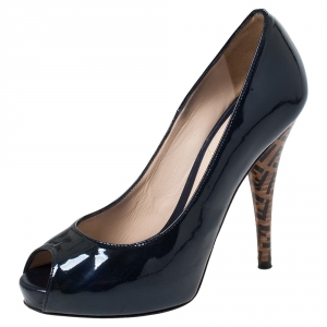 Pre Owned Fendi Dark Blue Patent Leather Zucca Print Heel Peep Toe Platform Pumps Size 35