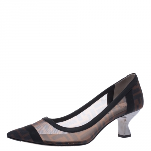 Pre Owned Fendi Black FF Logo Printed Mesh And Leather Trim Colibri Pointed Toe Pumps Size 39.5