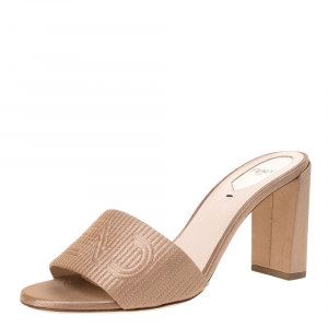 Fendi Beige Satin Logo Embroidered Block Heel Slides Size 38.5
