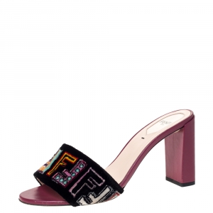 Fendi Black Velvet Multicolor FF Logo Slip On Slides Size 38.5