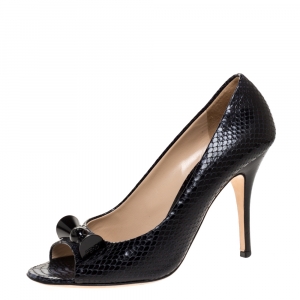 Pre Owned Fendi Midnight Blue Python Effect Leather Bow Peep Toe Pumps Size 39