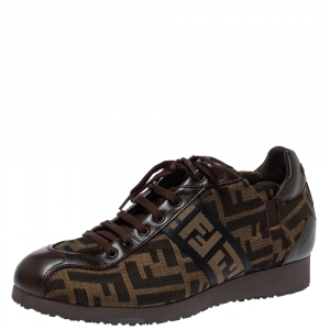 Pre Owned Fendi Tobacco Zucca Canvas Trainer Lace Up Sneakers Size 38