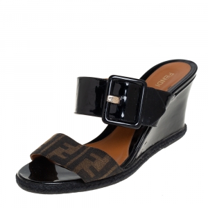 Pre Owned Fendi Brown/Black Zucca Canvas And Patent Wedge Sandals Size 40