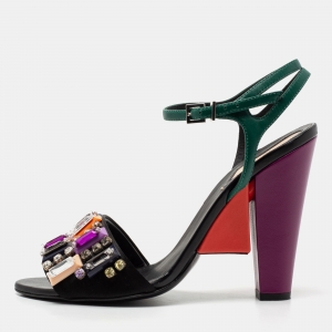 Pre Owned Fendi Multicolor Leather Fantasia Crystal Embellished Ankle Strap Sandals Size 38