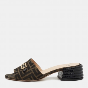 Fendi Brown/Black Zucca Canvas and Leather Block Heel Sandals Size 39