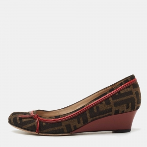 Pre Owned Fendi Brown Zucca Canvas Bow Wedge Pumps Size 36.5