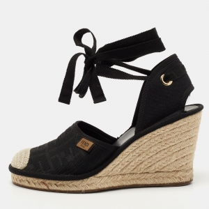 Fendi Black Zucca Canvas Ankle Tie Wedge Espadrilles Size 38