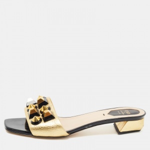 Pre Owned Fendi Gold Leather Studded Slide Sandals Size 39.5