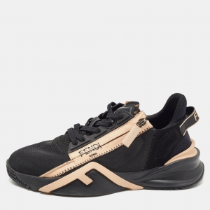 Pre Owned Fendi Black/Beige Mesh and Leather Flow Sneakers Size 38