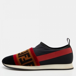 Pre Owned Fendi Tri-Color Stretch Nylon, Mesh and Zucca Print Velvet Runaway Slip-On Sneakers Size 37