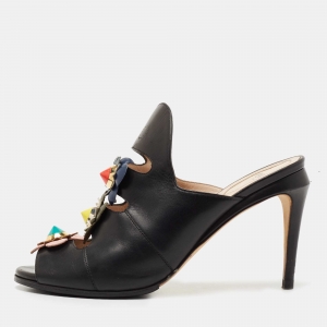 Fendi Black Leather Flowerland Open Toe Mules Size 38