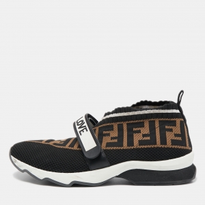 Pre Owned Fendi Black/Brown Zucca Knit Fabric Slip On Sneakers Size 38