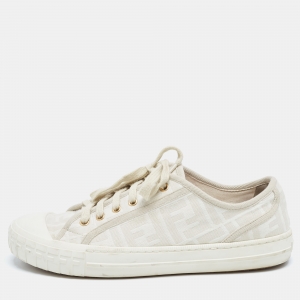 Fendi White/Beige Canvas Domino Sneakers Size 39