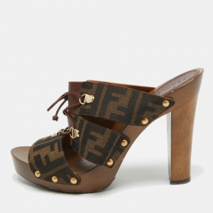 Fendi Brown Zucca Canvas and Leather Strappy Platform Sandals Size 39.5