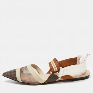 Pre Owned Fendi Tricolor Zucca Mesh and Leather Colibri Slingback Flats Size 38.5