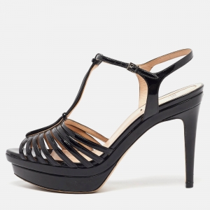 Fendi Black Patent Leather Strappy T-Bar Platform Sandals Size 38