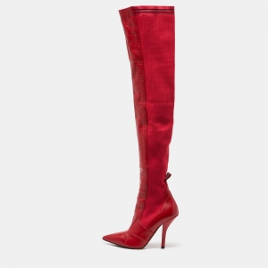 Pre Owned Fendi Red Leather and Fabric Rockoko Over The Knee Length Pointed Toe Boots Size 40