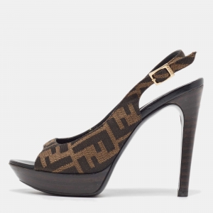 Fendi Brown Zucca Canvas Fendista Peep Toe Slingback Pumps Size 37