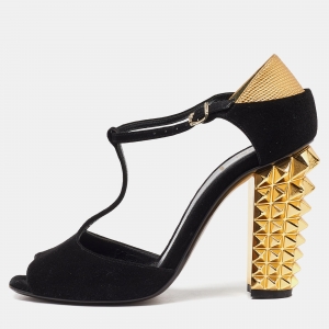 Fendi Black/Gold Suede And Embossed Leather Studded Heel T-Strap Sandals Size 38