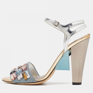 Fendi Sliver Leather and Fabric Crystals Embellished Ankle Strap Sandals Size 38