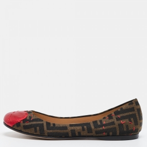 Pre Owned Fendi Brown/Red Zucca Canvas and Leather Heart Cap Toe Ballet Flats Size 38.5
