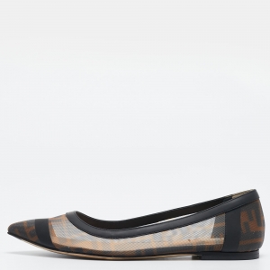 Pre Owned Fendi Brown/Black Zucca Mesh and Leather Colibri Ballet Flats Size 36.5