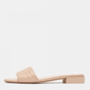 Fendi Dusty Pink FF Embossed Leather Flat Slides Size 39.5