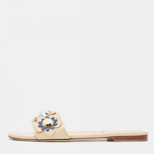 Pre Owned Fendi Beige Patent Leather Flowerland Flat Slides Size 38