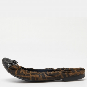 Pre Owned Fendi Tobacco Zucca Canvas and Lizard Embossed Leather Cap Toe Scrunch Ballet Flats Size 39