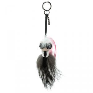 Pre Owned Fendi Mini Karlito Fur Leather Silver Tone Bag Charm