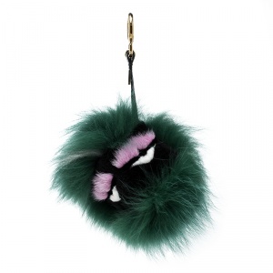 Pre Owned Fendi Green Fur Gold Tone Monster Bug Bag Charm 