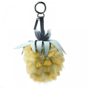 Pre Owned Fendi Yellow Pineapple Fur Pompom and Leather Bag Charm