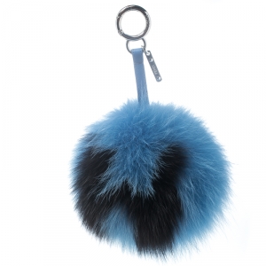 Pre Owned Fendi Blue Pompom Fur and Leather Bag Charm