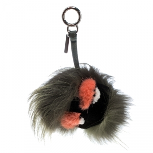 Pre Owned Fendi Green Fur Gold Tone Monster Bug Bag Charm
