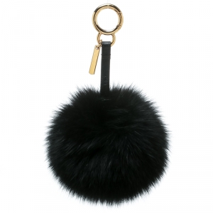 Pre Owned Fendi Black Pompom Fur Leather Gold Tone Bag Charm