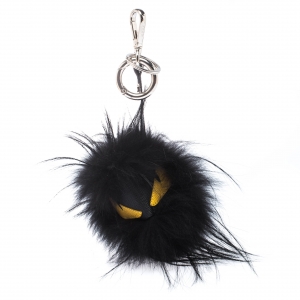 Pre Owned Fendi Bag Bug Yellow Eyes Black Fur Leather Key Chain / Bag Charm 