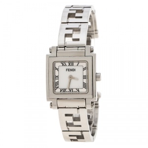 Pre Owned Fendi Silver White Stainless Steel Quadro 6000L Women's Wristwatch 25 mm