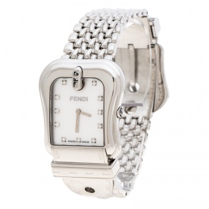 Pre Owned Fendi White Mother of Pearl Stainless Steel And Diamond B. Fendi 3800G Women's Wristwatch 33mm