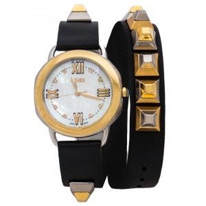 Fendi Mother of Pearl Two-Tone Stainless Steel Studded Leather Selleria 80200M Women's Wristwatch 36 mm