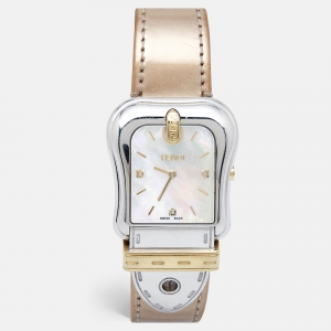 Fendi Mother of Pearl Two Tone Stainless Steel Leather B.Fendi 3800G Women's Wristwatch 33 mm