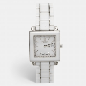 Fendi White Ceramic Diamonds Stainless Steel Quadro 6200G Women's Wristwatch 30 mm