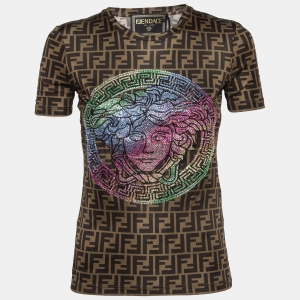 Fendi x Versace Brown Crystals Embellished Monogram Jersey T-Shirt XS