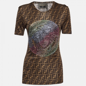 Fendace Brown Crystals Embellished Monogram Jersey T-Shirt XS