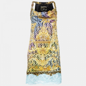 Fendace Multicolor Baroque Print Satin Studded Mini Cocktail Dress S
