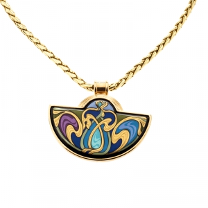 Pre Owned Frey Wille Hommage À Alphonse Mucha Fire Enamel Gold Plated Half Moon Pendant Necklace
