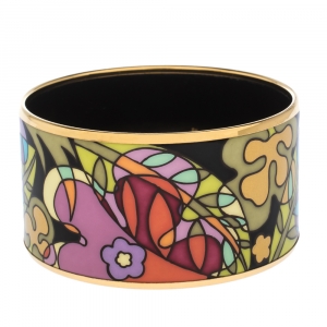 Pre Owned Frey Wille Paradise Moonlight Multicolor Fire Enamel Gold Plated Extra Wide Bangle Bracelet