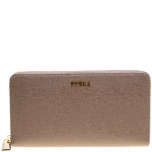 Pre Owned Furla Dark Beige Leather XL Babylon Zip Around Wallet