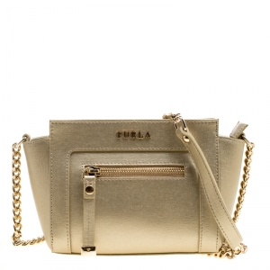 Pre Owned Furla Light Gold Leather Chain Shoulder Bag